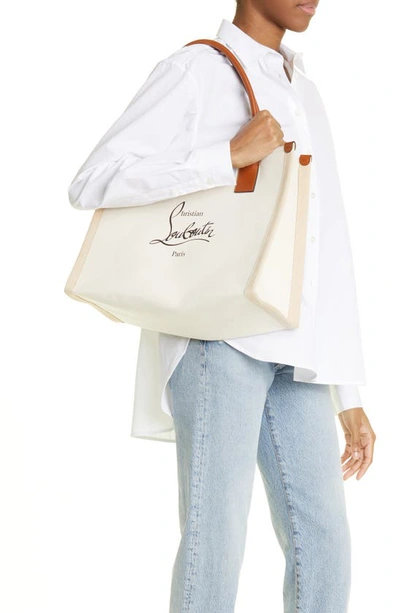 Shop Christian Louboutin Large Nastroloubi Canvas Tote In Natural/ Cuoio/ Black/ Natural