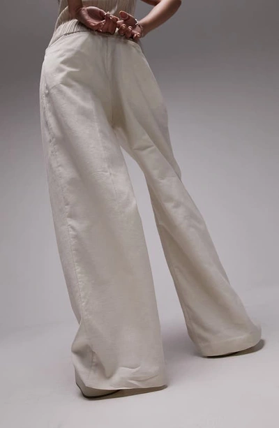 Shop Topshop Cotton & Linen Wide Leg Trousers In Beige