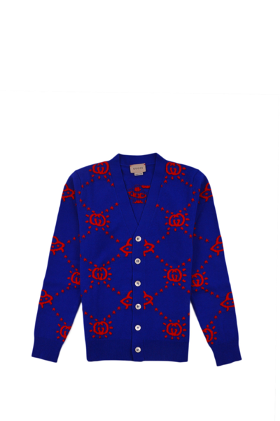 Shop Gucci Wool Cardigan With Logo Embroidery In Blue