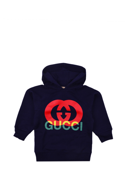 Shop Gucci Hooded Sweatshirt With Logo Print In Blue