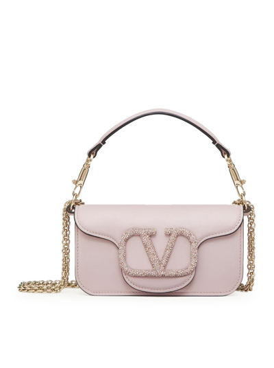 Shop Valentino Small Shoulder Bag Loco` Vitello/platinum-rhinestones Logo In Kfw Water Lilac Light Amethyst
