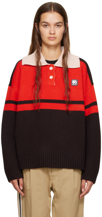 Shop Wales Bonner Red & Brown Calm Long Sleeve Polo In Red Black/beige