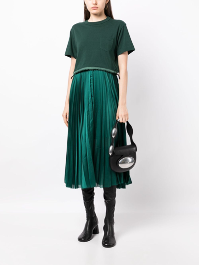Shop Sacai Panelled Pleated Midi Dress In Green