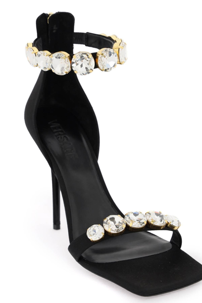 Shop Versace Satin Sandals With Crystals In Black