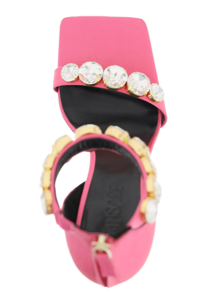 Shop Versace Satin Sandals With Crystals In Pink