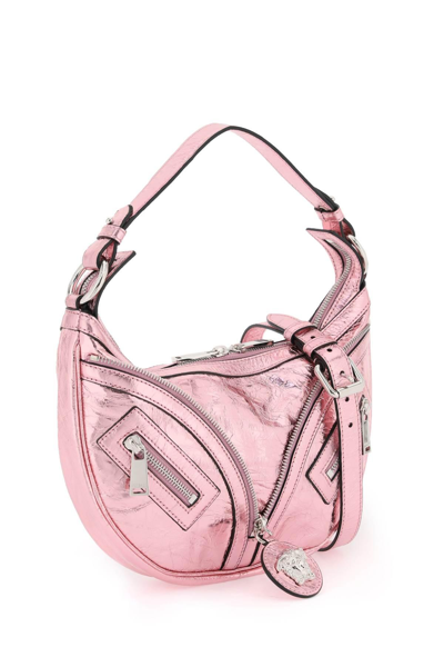 Shop Versace Metallic Leather 'repeat' Hobo Bag In Metallic,pink
