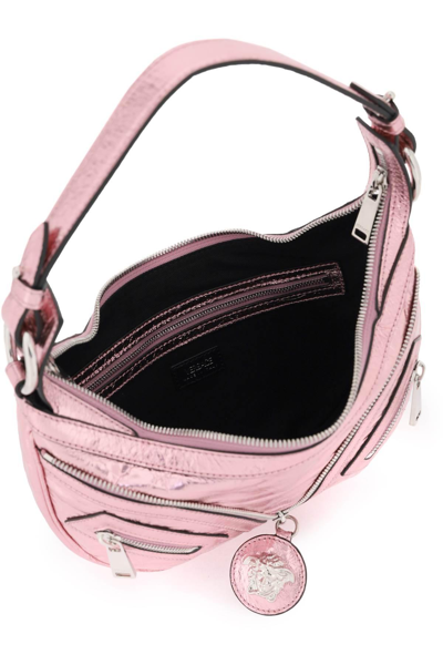Shop Versace Metallic Leather 'repeat' Hobo Bag In Metallic,pink