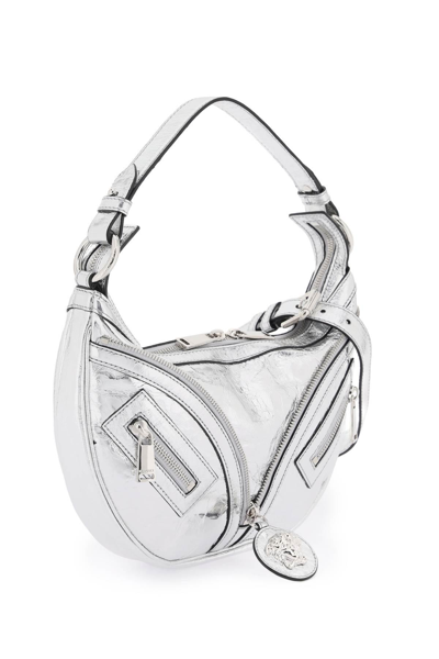 Shop Versace Metallic Leather 'repeat' Hobo Bag In Silver,metallic
