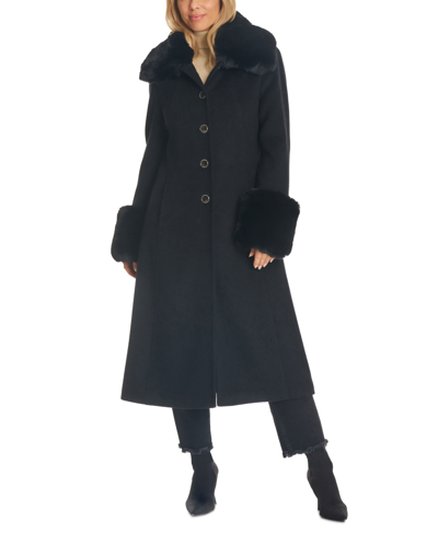 Shop Vince Camuto Women's Single-breasted Faux-fur-trimmed Wool Blend Coat In Black