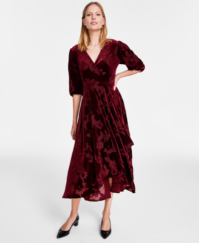 Shop Calvin Klein Petite Velvet Burnout Faux-wrap Dress In Rosewood