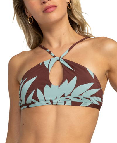 Shop Roxy Juniors' Printed Palm Cruz Keyhole Bralette Bikini Top In Bitter Chocolate Palmeria