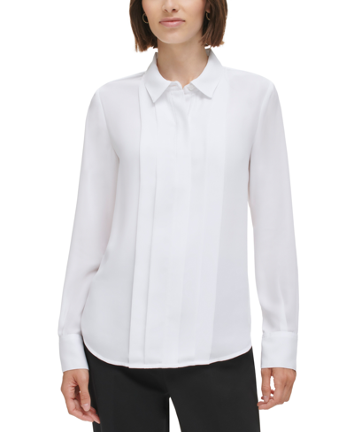 Shop Calvin Klein Petite Pleat-front Point-collar Shirt In White