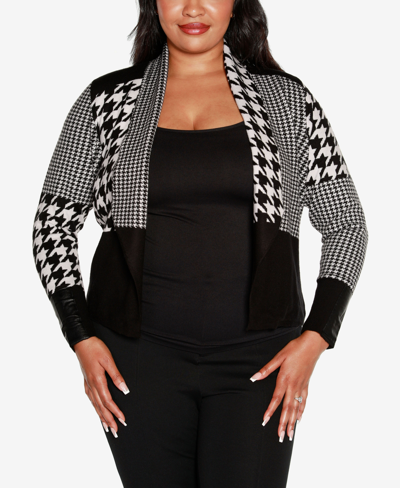 Shop Belldini Black Label Women's Plus Size Multi Houndstooth Cropped Sweater Blazer In Black/white