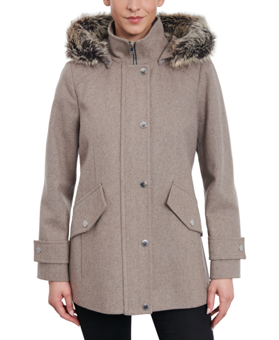 Shop London Fog Women's Faux-fur-trim Hooded Wool Blend Walker Coat In Heather Taupe