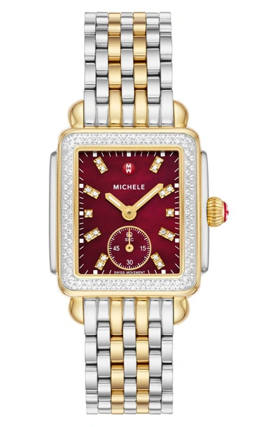 Shop Michele Deco Mid Diamond Two-tone Bracelet Watch, 29mm X 31mm In Two-tone / Ruby Red