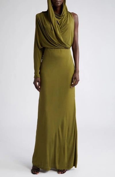 Shop Saint Laurent Single Long Sleeve Crepe Jersey Maxi Dress In Vert Dore