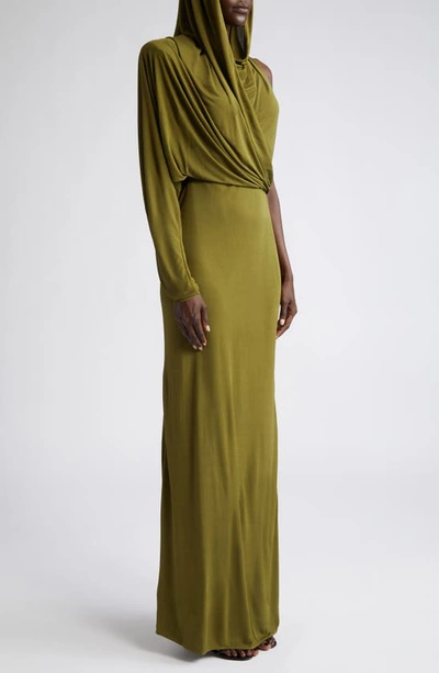 Shop Saint Laurent Single Long Sleeve Crepe Jersey Maxi Dress In Vert Dore