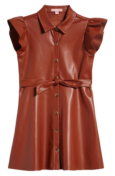 Shop Bcbg Kids' Ruffle Sleeve Belted Faux Leather Dress In Chestnut