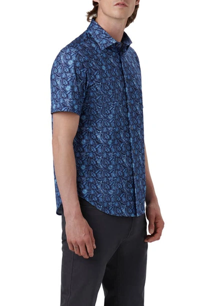 Bugatchi Miles Ooohcotton® Leaf Print Short Sleeve Button-up Shirt In Cobalt