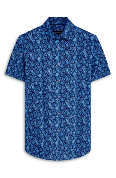 Bugatchi Miles Ooohcotton® Leaf Print Short Sleeve Button-up Shirt In Cobalt