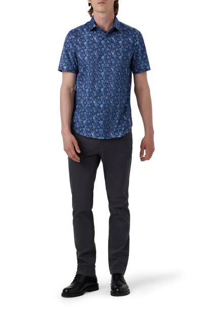 Bugatchi Miles Ooohcotton® Leaf Print Short Sleeve Button-up Shirt In Cobalt
