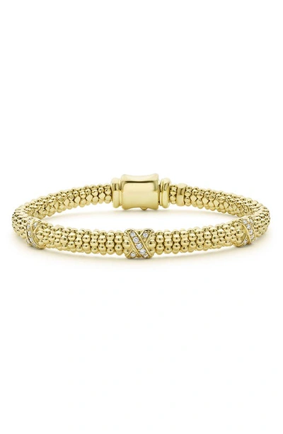 Shop Lagos Embrace Triple Diamond Station Caviar Beaded Bracelet In Gold