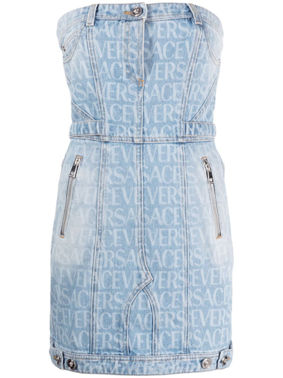 Shop Versace Allover Logo-print Denim Minidress In Blue