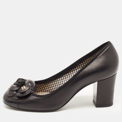 Pre-owned Chanel Black Leather Camellia Cc Cap Toe Block Heel
