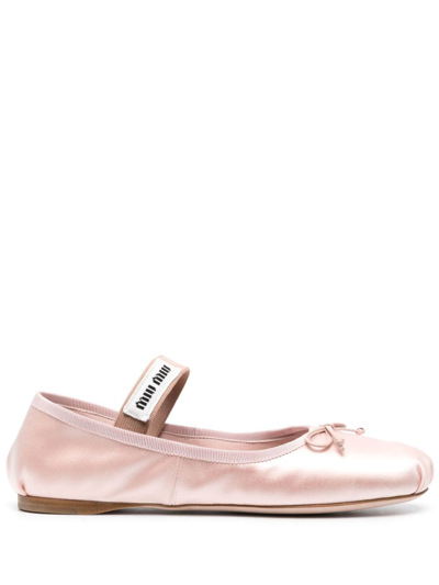 Shop Miu Miu Logo-patch Satin Ballet Flats In Pink