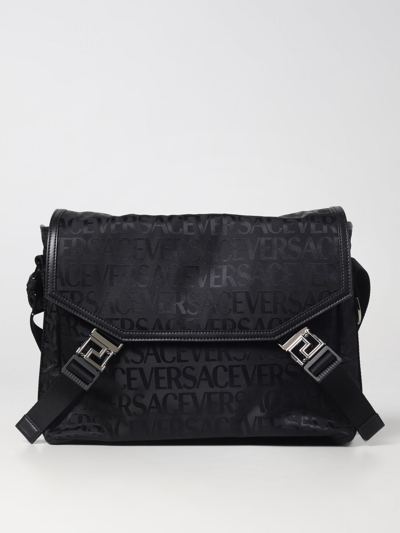 Shop Versace Bag In Jacquard Nylon With Greca Buckles In Black