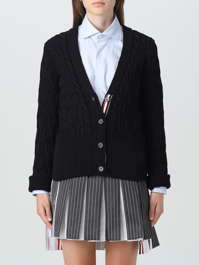 Shop Thom Browne Cardigan In Cable-knit Virgin Wool In Blue