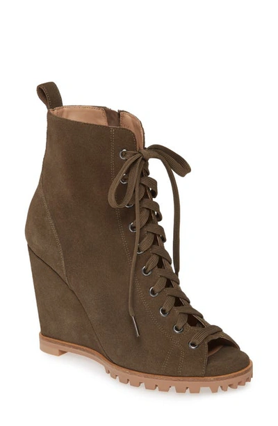 Shop Linea Paolo Sasha Peep Toe Bootie In Dark Olive Suede