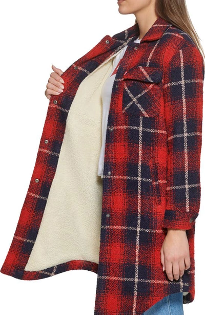 Levi's® Plaid Faux Shearling Lined Long Shirt Jacket In Red Navy Shadow Plaid