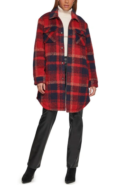 Levi's® Plaid Faux Shearling Lined Long Shirt Jacket In Red Navy Shadow Plaid