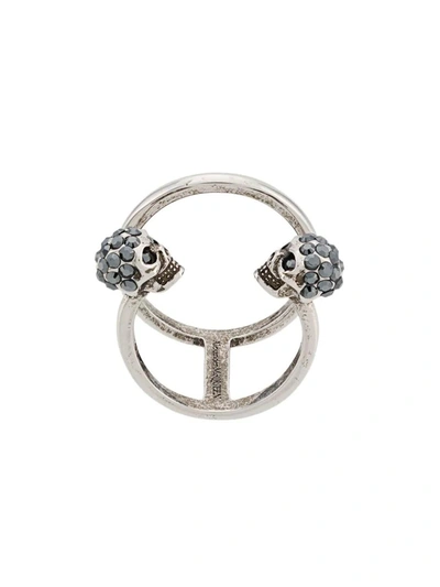 Shop Alexander Mcqueen Double Twin Skull Ring In Antique In Silver