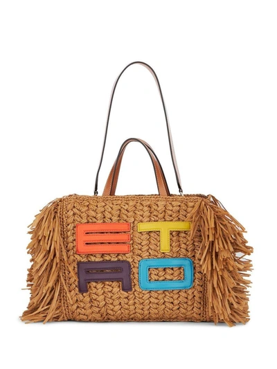 Shop Etro Embroidered-logo Fringed Tote Bag In Multicolour