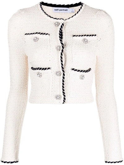 Shop Self-portrait Cropped Sequin Knitted Cardigan In Beige