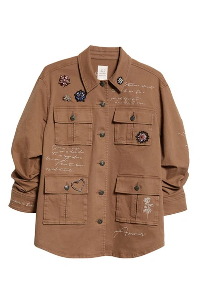 Shop Cinq À Sept Love Letter Vera Embellished Stretch Cotton Safari Jacket In Olive/ Gilver