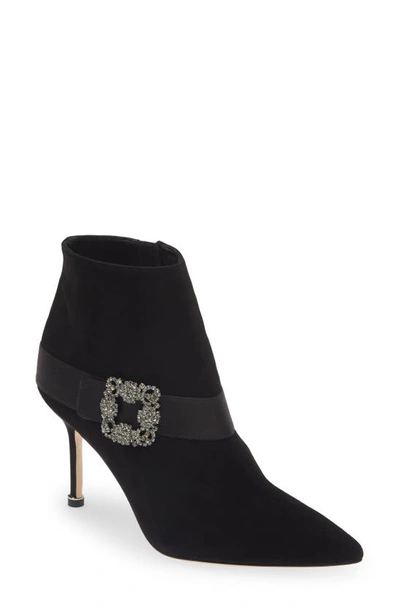Manolo Blahnik Plinianu 90 Crystal-embellished Satin-trimmed Suede Ankle Boots In Black