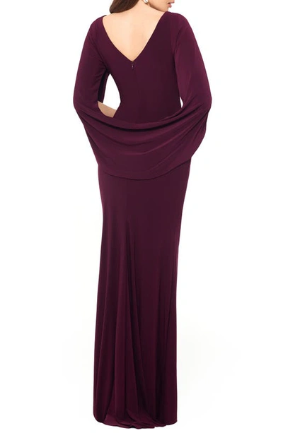 Betsy & Adam Drape Sleeves Trumpet Evening Gown In Wine