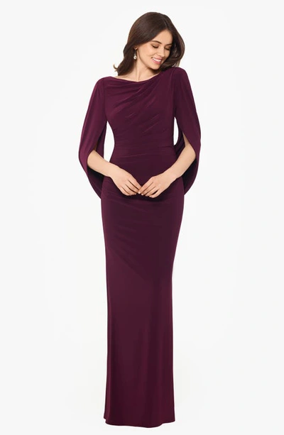 Betsy & Adam Drape Sleeves Trumpet Evening Gown In Wine