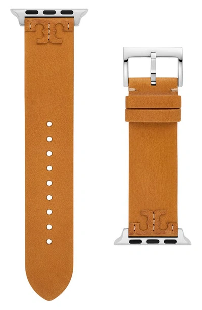 Shop Tory Burch The Mcgraw Leather 20mm Apple Watch® Watchband In Camello