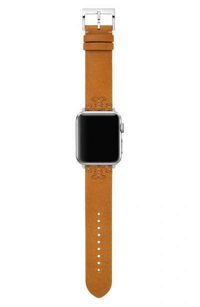 Shop Tory Burch The Mcgraw Leather 20mm Apple Watch® Watchband In Camello