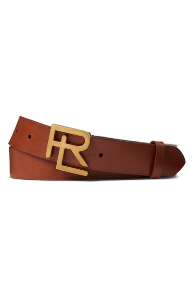 Shop Ralph Lauren Purple Label Rl Logo Buckle Leather Belt In Tan