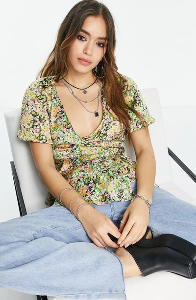 Shop Topshop Floral Puff Sleeve Wrap Blouse In Green Multi