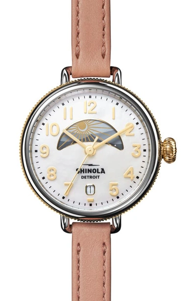 Shop Shinola The Birdy Day & Night Leather Strap Watch, 38mm In White Mop