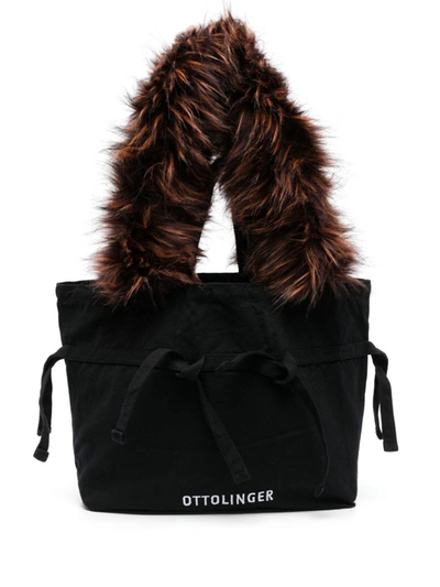 Shop Ottolinger Faux Fur Handle Shopping Bag In Black