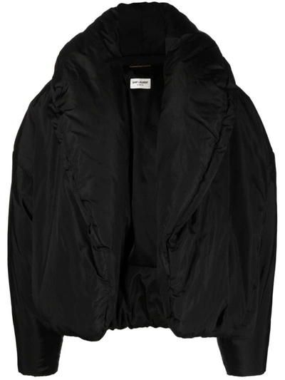 Shop Saint Laurent Silk Taffeta Cropped Down Jacket In Black