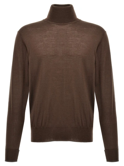 Pt Torino Lightweight Ribbed Turtleneck Sweater With Long Sleeves In Brown