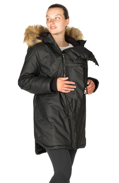 Modern Eternity Sofia Waxed 3-in-1 Maternity/nursing Jacket With Faux Fur Trim In Black